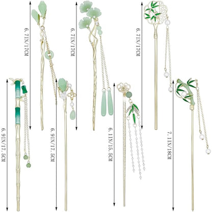 7Pcs Chinese Hair Sticks Japanese Hair Pins Vintage Asian Traditional Hanfu Hair Chopsticks with Pearl Bead Pendants Hair Bun Updo Holders Long Thick Hair Accessories for Women