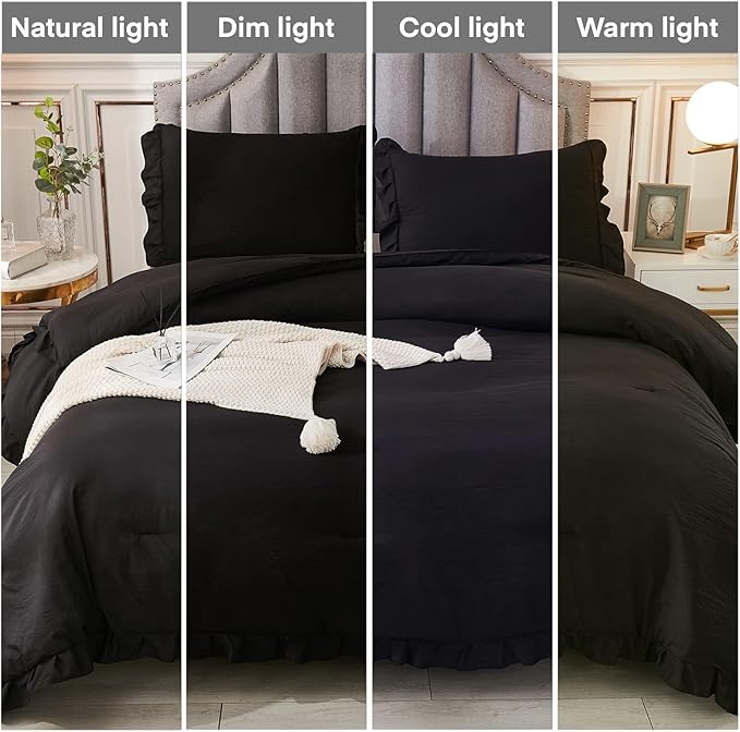Andency California King Comforter Set Black (104x96Inch), 3 Pieces Cal King Ruffle Comforter, Oversized Farmhouse Shabby Chic Bed Comforter, Lighteweight and Soft Microfiber Bedding Set