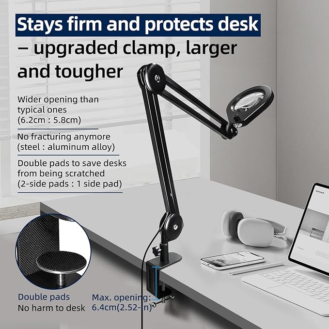 LED Magnifying Lamp with Premium Swing Arm, 5X Magnifying Glass with 5-Color Dimmable Light, Heavy-Duty Work Lamp Hands Free for Crafts, Precision Work, Estheticians - New Rotary Switch Design