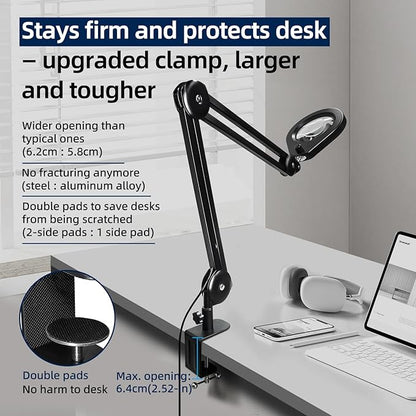 LED Magnifying Lamp with Premium Swing Arm, 5X Magnifying Glass with 5-Color Dimmable Light, Heavy-Duty Work Lamp Hands Free for Crafts, Precision Work, Estheticians - New Rotary Switch Design