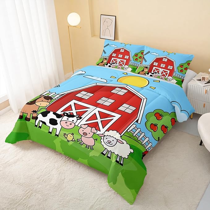 Farm Animals Comforter,Farmhouse Comforter Set for Kids Teens Girls Boys,Cartoon Animals 3Pcs Bedding Set Printed Comforter with 2 Pillowcases,Down Alternative,Soft and Lightweight，King Size