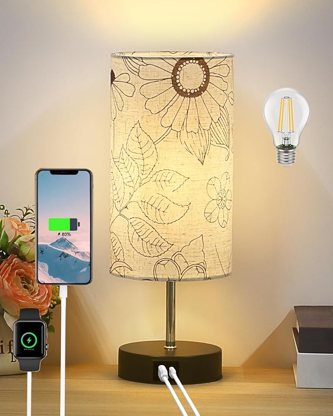 Touch Control Desk Lamp with 2 USB Ports, 3-Way Dimmable Bedside Lamp for Bedroom, Nightstand Lamp with Round Flower Fabric Shade for Living Room, Home Office (secret-single)