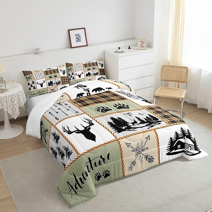 Camper Adventure Kids Comforter Set King Size,Deer Antlers Bear Paws Farmhouse Bedding Set for Boys Girls Adults Room Decor,Arrows Plaids Patchwork Down Comforter,Rustic Duvet Insert,2 Pillowcases