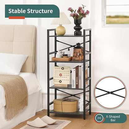 Yoobure 4 Tier Bookshelf - Small Book Shelf Industrial Bookcase, Narrow Book Case Book Storage Organizer for CD/Movie/Book, Bookshelves for Bedroom Office Living Room Charcoal Gray