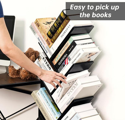 8 Tier Tree Bookshelf with Drawer, Free Standing Wood Bookcase for Living Room, Bedroom, Home Office, Space Saving Storage Organizer Bookshelves for Books, CDs, Vinyl Records- Black