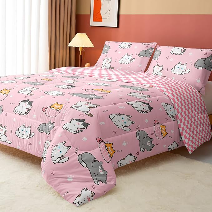 Datura home Pink Kawaii Cat Comforter Bedding Set for Girls Lovely Kitten Print Cute Animal Pattern with 1 & 2 Pillowcases Bedroom All Season(Cat Queen), Queen 90x90inches