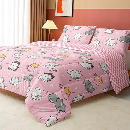 Datura home Pink Kawaii Cat Comforter Bedding Set for Girls Lovely Kitten Print Cute Animal Pattern with 1 and 2 Pillowcases Bedroom All Season(Cat Twin), Twin 68x86inches