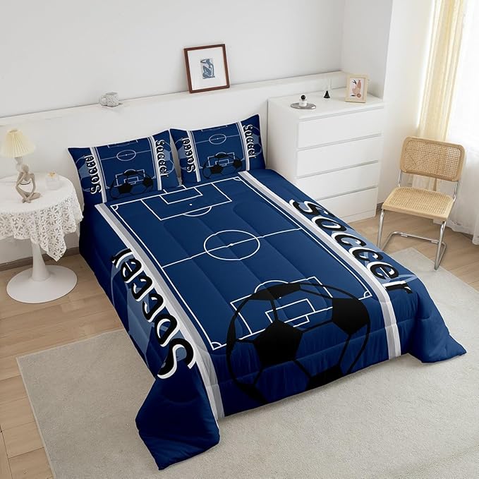 Feelyou Kids Soccer Ball Game Comforter Set Queen Size Rugby Sports Bedding Set for Boys Girls Teens Bedroom Decor Football Comforter Football Lover Duvet Set with 2 Pillow Case