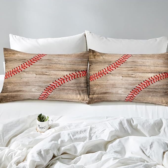 Erosebridal Baseball Bedding Set for Kids Boys Teens Twin,Sports Games Comforter Set Retro Rustic Wooden Board Quilt Duvet Sets American Baseball Country Down Comforter with 1 Pillow Case