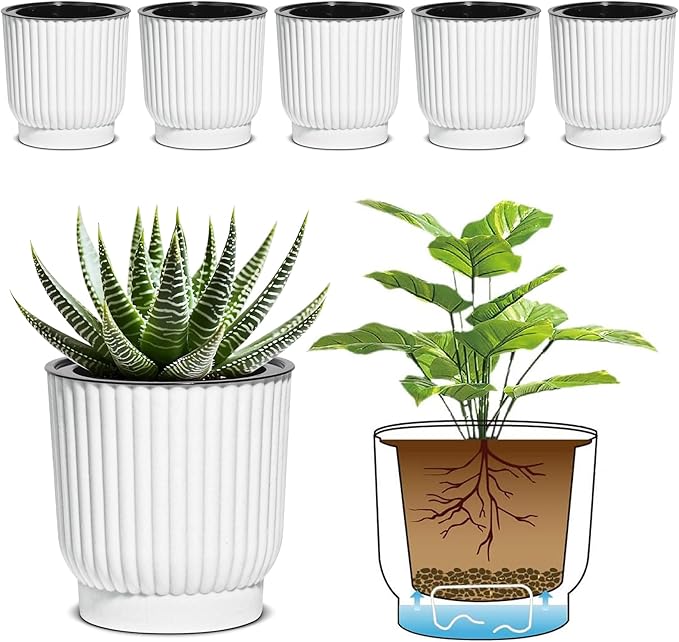 T4U 4 Inch Plant Pots Self Watering, 6 Pack African Violet Pots, Small Plant Pots for Plants, Small Indoor Plant Pot, Self Watering Planter for African Violet, Succulents (6 Pack, 4", White)