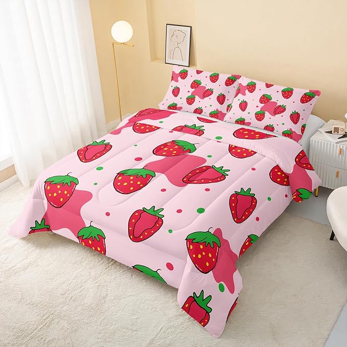 Kawaii Comforter Full,Pink Strawberry Comforter Set for Kids Teens Girls,3Pcs Bedding Set Printed Comforter with 2 Pillowcases,Down Alternative,Soft and Lightweight，Full Size