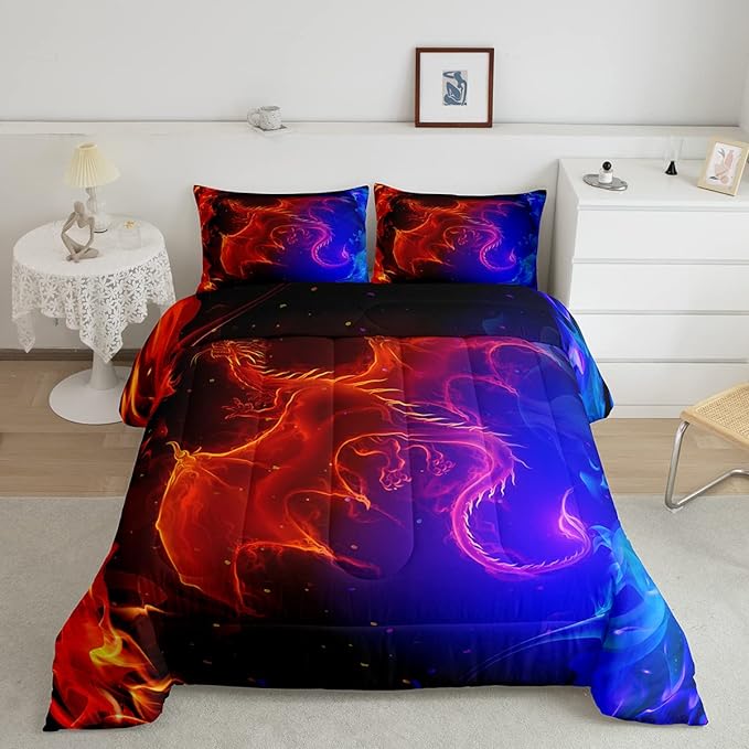 Erosebridal Dragon Comforter Set Nebula Bedding Set King Size Mysterious Outer Space Quilted Duvet Trippy Duvet Set for Kids Boys Girls Teens Young Man Room Decorative, Blue Red