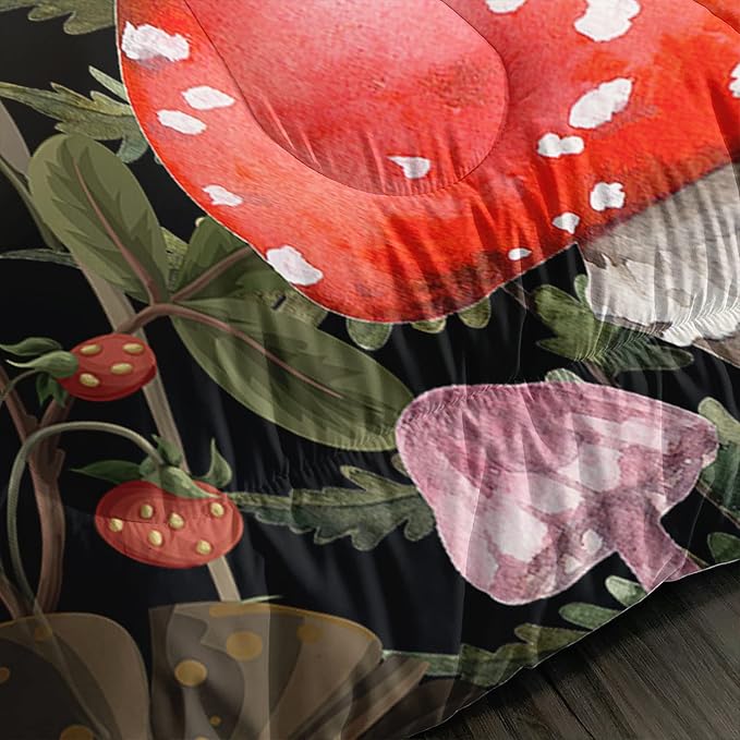 Red Mushroom Kawaii Comforter Set Twin Size Kids Mushroom Dragonfly Bedding Set Botanical Plant Theme Print Quilt Bed Set for Boys Girls Adults with 1 Comforter and 2 Pillowcases