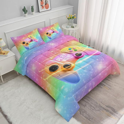 Datura home Bedding Comforter Set Rainbow Gamepad Printed Pattern Quilt with 1 and 2 Pillowcases for Girls Bedroom All Season(Rainbow Queen) Queen 90x90inches