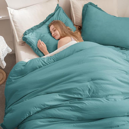 Andency Aqua Tassel Comforter Set Queen(90x90Inch), 3 Pieces(1 boho Comforter, 2 Pillowcases) Farmhouse Shabby Chic Comforter Set, Soft Microfiber Lightweight Fringe Bedding Comforter Set