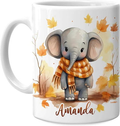 Hyturtle Personalized Fall Elephant Maple Leaves Coffee Mug, Autumn Décor | Birthday Gifts For Elephant Lovers - Fall Gifts For Farmhouse Thanksgiving - Custom Name 11oz White Ceramic Coffee Tea Mug