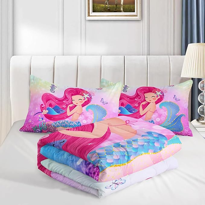 Mermaid Butterfly Comforter Set Twin Size Fairy Tale Sea Shell Grass Bedding Set Colorful Rainbow Quilt Bed Set for Kid Girls with 1 Comforter and 2 Pillowcases