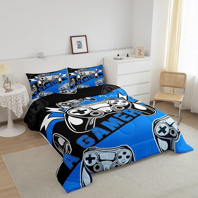 Erosebridal Gaming Comforter Sets for Boys Kids Video Game Comforter Set,Gamer Bedding Set Blue Black Quilt Duvet Set Men Boys Bedroom Decor,King Size 3Pcs