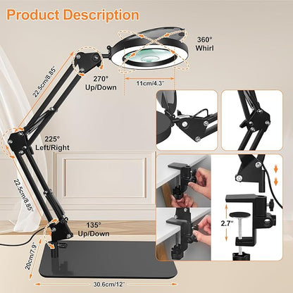 Magnifying Glass with Light and Stand, 5X&10X Lighted Magnifying Glass with Dust Cover, 3 Colors Stepless Dimming Magnifying Lamp with Night and 30Min Timer Mode for Reading Hobby Craft Close Work