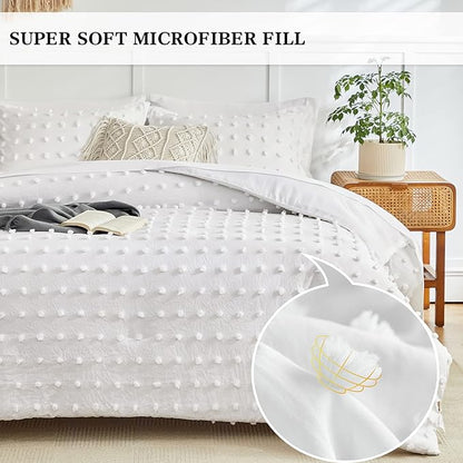7 Pieces Tufted Dots Bed in a Bag King Comforter Set with Sheets White , Soft and Embroidery Shabby Chic Boho Comforters, Solid Color with Pom Pom Design, Jacquard Tufts Bedding Set for All Season