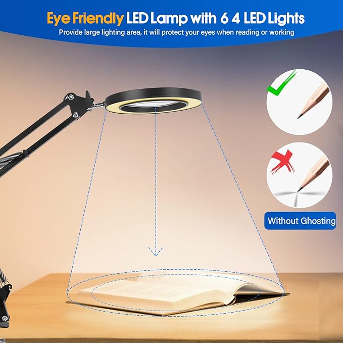64 LED USB 10X Magnifying Desk Lamp with Clamp, Desk Hands-free Lighted Magnifier with 3 Color Modes, 10 Level Dimmable and Flexible Gooseneck for Reading Craft Sewing Repair Close Work Beauty