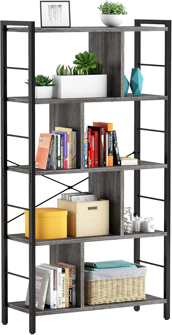 armocity Bookshelf, 5 Tier Tall Modern Bookcase Wood Metal Frame Standing Book Shelf, Display Bookshelves Storage Organizer for Bedroom Living Room Home Office, Grey