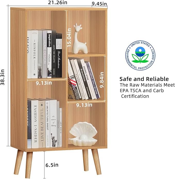 LEYAOYAO Wooden 5 Cube Bookshelf, Natural 3 Tier Book Shelf with Legs, Modern Open Storage Organizer,Boho Bookcase,Display Cabinet Shelf Free Standing Bookshelves for Bedroom,Living Room,Study