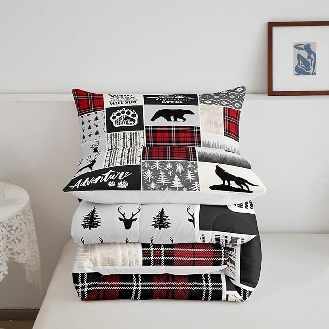 Deer Antlers Comforter Set King Size,Bear Paws Pine Trees Xmas Bedding Set for Kids Boys Girls Adults Room Decor,Lattices Patchwork Rustic Farmhouse Down Comforter,Red Duvet Insert,2 Pillowcases