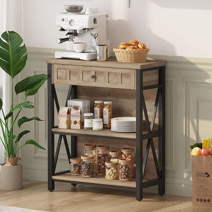 FATORRI Rustic Bookshelf with Drawer, Industrial Wood and Metal Bookcase, Small Book Shelf and Low Book case for Small Space (Rustic Oak)