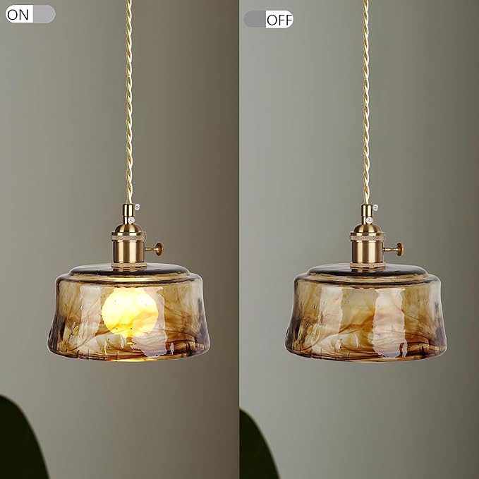 Sedelan Galss Pendant Light, Vintage Pendant Lights Kitchen Island Adjustable Tea Color-Amber Hanging Light Fixture for Living Room Dining Room Bedroom E26