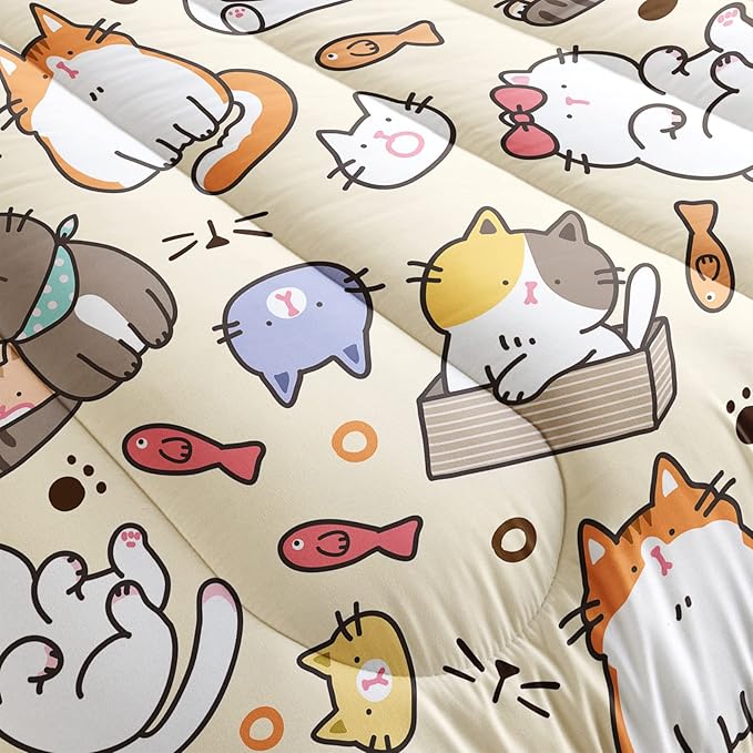 Kawaii Cat Comforter King,Kawaii Animals Comforter Set for Kids Teens Girls,3Pcs Bedding Set Printed Comforter with 2 Pillowcases,Down Alternative,Soft and Lightweight，King Size