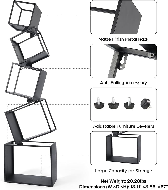Bookshelf, 5-Tier Bookcase Black, 67" Tall Black Bookshelf, Modern Book Shelf, Storage Shelves for CDs/Books/Home Decor, Display Shelf for Living Room, Bedroom, Study Room, Nursery Room