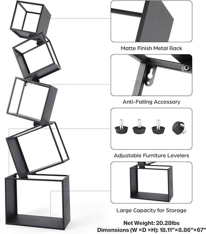 Bookshelf, 5-Tier Bookcase Black, 67" Tall Black Bookshelf, Modern Book Shelf, Storage Shelves for CDs/Books/Home Decor, Display Shelf for Living Room, Bedroom, Study Room, Nursery Room