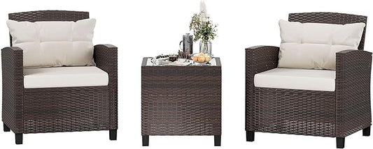 Shintenchi 3 Pieces Patio Furniture Set 3 Pieces PE Rattan Wicker Chairs with Table Outdoor Furniture for Backyard/Garden/Poolside/Outdoor Restaurant Brown Rattan with White Cushion