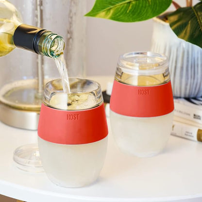 Host Cooling Wine Freeze Cup with Lid, Set of 2 Plastic Double Wall Insulated Wine Tumbler Drink Cups with Freezing Gel for Red and White Wine, Coral