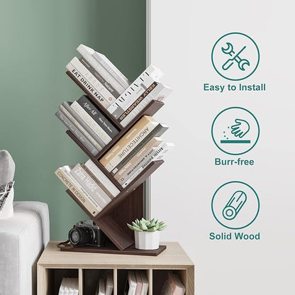 Tree Bookshelf, 5 -Tier Book Storage Organizer Shelves Floor Standing Bookcase, Wood Storage Rack for Office Home School Shelf Display for Cd/Magazine (Dark Walnut)