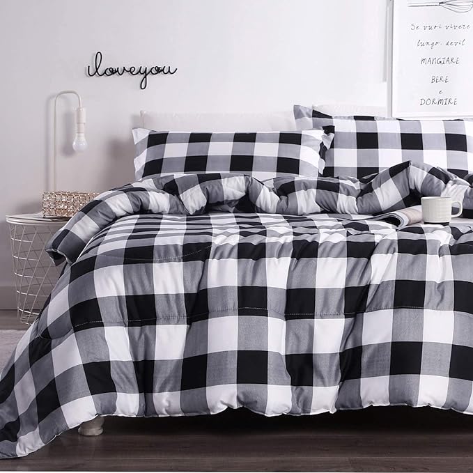 Andency Black Plaid Comforter Set Full Size (79x90 Inch), 3 Pieces (1 Gingham Comforter and 2 Pillowcases), Summer Lightweight Microfiber Buffalo Check Down Alternative Comforter Set