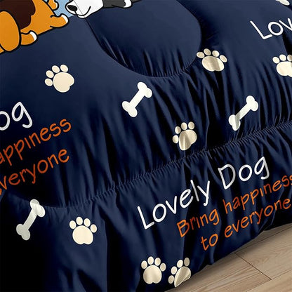 Cute Cartoon Dog Comforter Set 3Pcs Full Comforter Set for Boys Lovely Puppy Patterns Bedding Set Fun Animal Lover Comforter Lovely Dog Paw Bones Quilt with 2 Pillowcases, Full Size