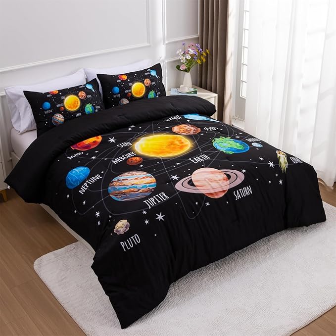 Aimuan Space Comforter Twin Set Kids Rocket Bedding Set Super Soft & Cute Aliens UFO Printed for Boys Girls Teen (Black 1, Full)