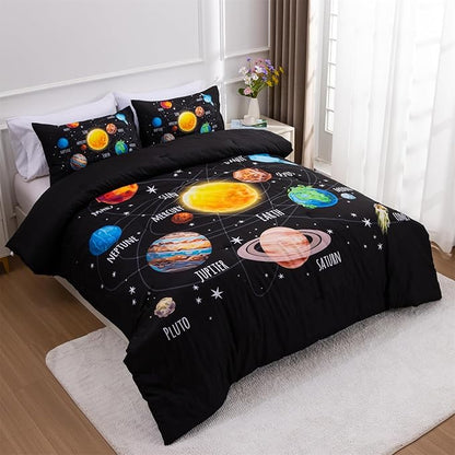 Aimuan Space Comforter Twin Set Kids Rocket Bedding Set Super Soft & Cute Aliens UFO Printed for Boys Girls Teen (Black 1, Full)