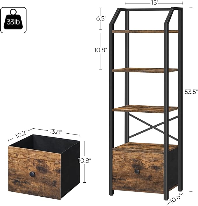 5 Tier Bookshelf, Book Shelf with Removable Drawer, Tall Narrow Bookcase with Shelves, Standing Display Shelf, Storage Organizer, for Bedroom, Home Office, Rustic Brown and Black SJ05BR