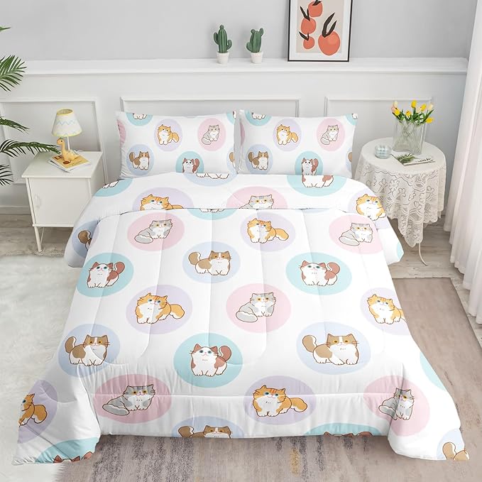 Datura home White Kawaii Cat Comter Bedding Set Girls Kitten White Print Cute Animal Pattern Bedding Set with 1 Comter and 2 Pillowcases Girls Bedroom All Season(Cat White), Queen 90x90inches