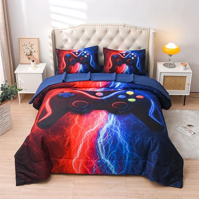 Meeting Story Gamer Gaming Bedding Sets Red-Blue Lightnings Gamepad Comforter Set for Boys Games Console Action Buttons Novelty Colorful Modern Room Decor Home Quilt Set (Red-Blue, Twin 5Pcs)