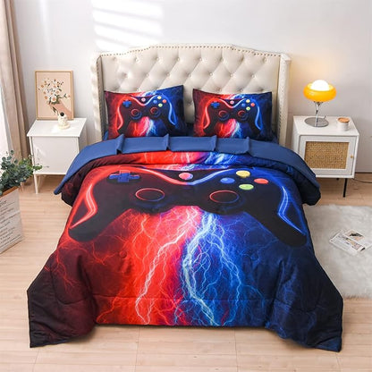 Meeting Story Gamer Gaming Bedding Sets Red-Blue Lightnings Gamepad Comforter Set for Boys Games Console Action Buttons Novelty Colorful Modern Room Decor Home Quilt Set (Red-Blue, Twin 5Pcs)