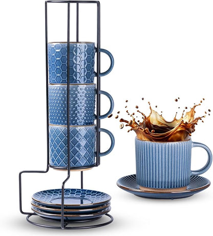 GBhome 6 OZ Stackable Coffee Mugs Set of 4, Ceramic Espresso Coffee Cups | Coffe Cups With Saucer and Stand, Dishwasher&Microwave Safe, 4 Assorted Designs