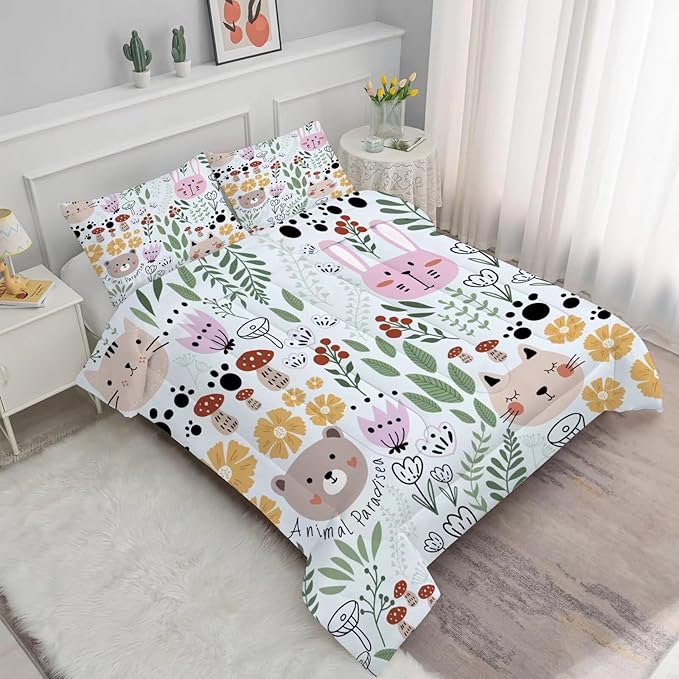 Cartoon Cat Comforter Set Queen Size Floral Bedding for Teen Girls Boys Women Green Animals Print Bedroom Quilt 1 Comforter + 2 Pillow Cases