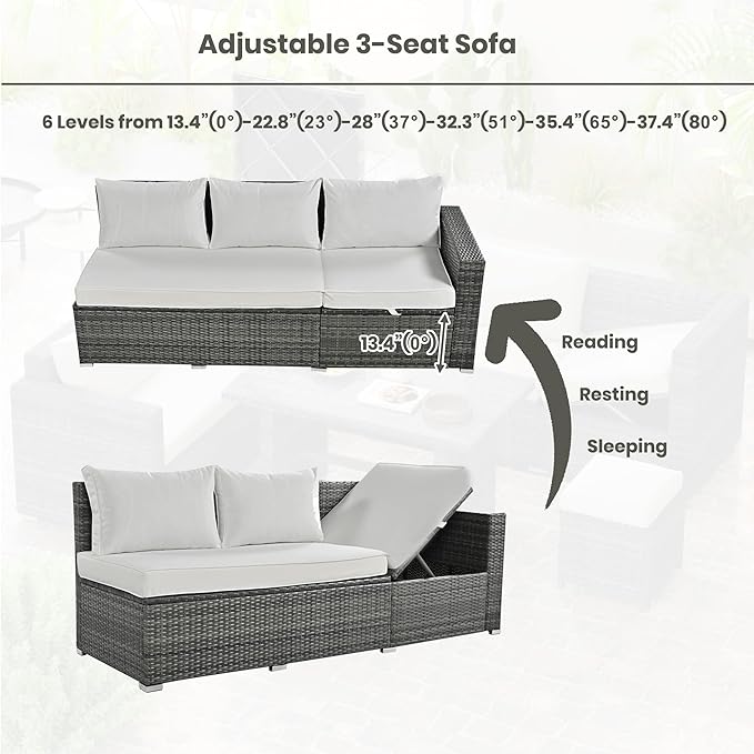 Outdoor Furniture 6-Piece Patio Sofa Set, All Weather PE Rattan Sectional Couch with Tempered Glass Dining Table, Adjustable Seat, Storage Box&Removable Covers, for Garden Backyard, 1, Beige