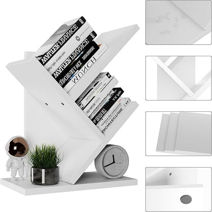 YMYNY 2 Tier Tree Bookshelf, Small Bookcase, Modern Wood Book Storage Rack Organizer, Freestanding Book shelf for Books/Movies/CDs, Display Rack for Bedroom, Home Office, White UHBC012W