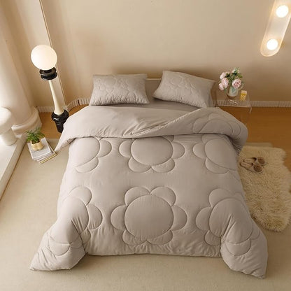 Khaki Flower Comforter King Light Champagne Sunflower Print Bed King Comforter 3 PCs Light Champagne Floral Comforter for Women Girls Bedroom Decor All Season Hotel Quality Comforter Set