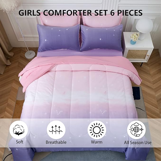 Girls Comforter Set Twin Size 6 Pieces Bed in A Bag Colorful Ombre Pink Purple Rainbow Bedding Set for Kids Teen (1 Comforter, 1 Flat Sheet, 1 Fitted Sheet, 1 Pillow sham, 2 Pillowcases)